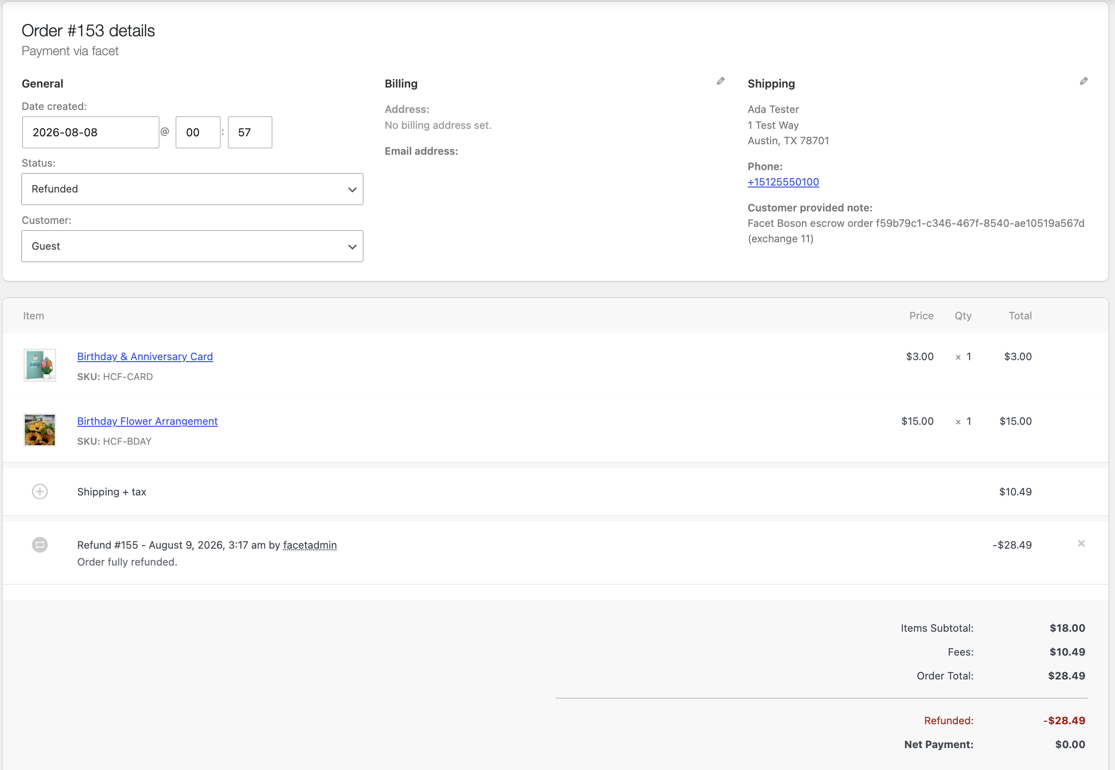 WooCommerce order 153, Refunded, reflecting the on-chain recovery