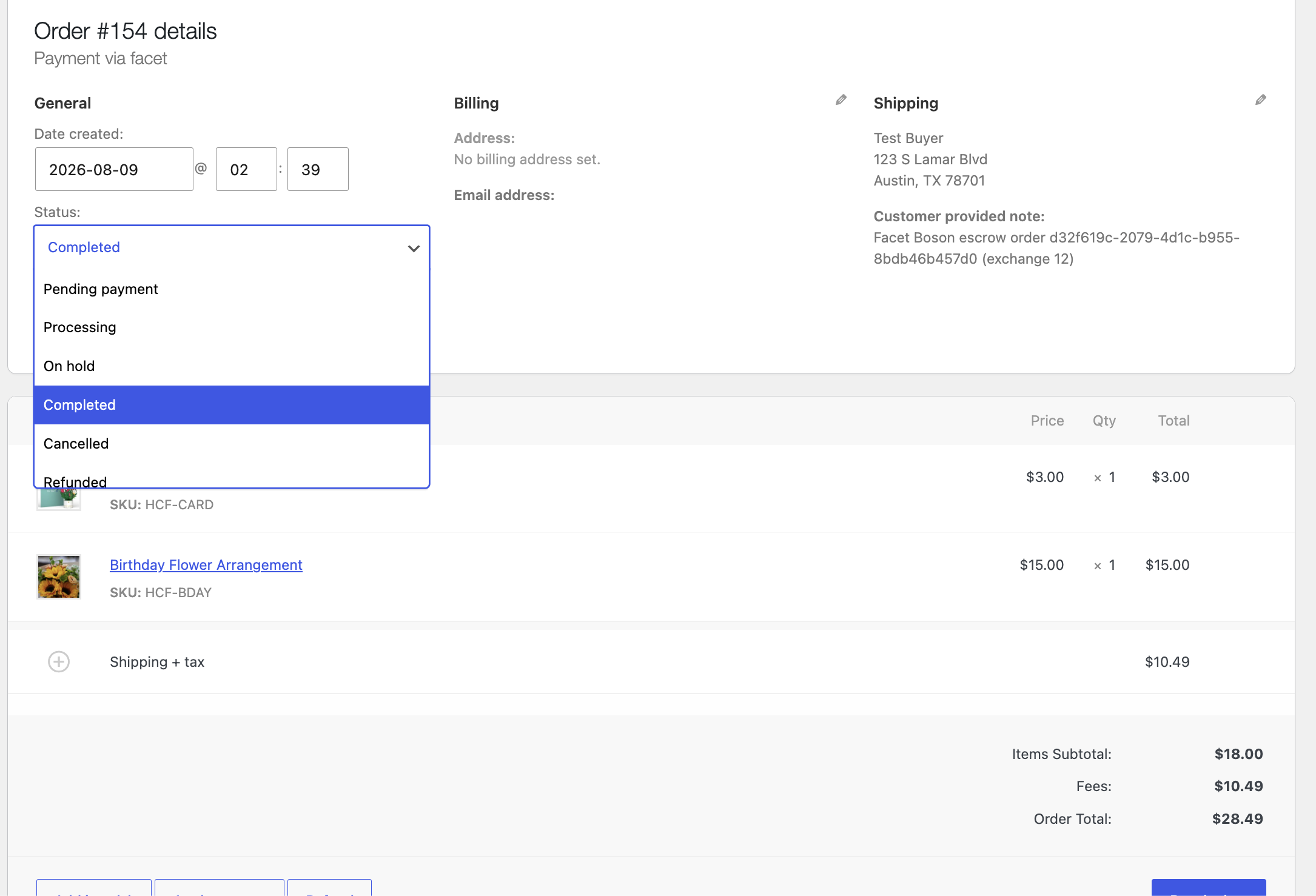 WooCommerce order 154, status changed to Completed