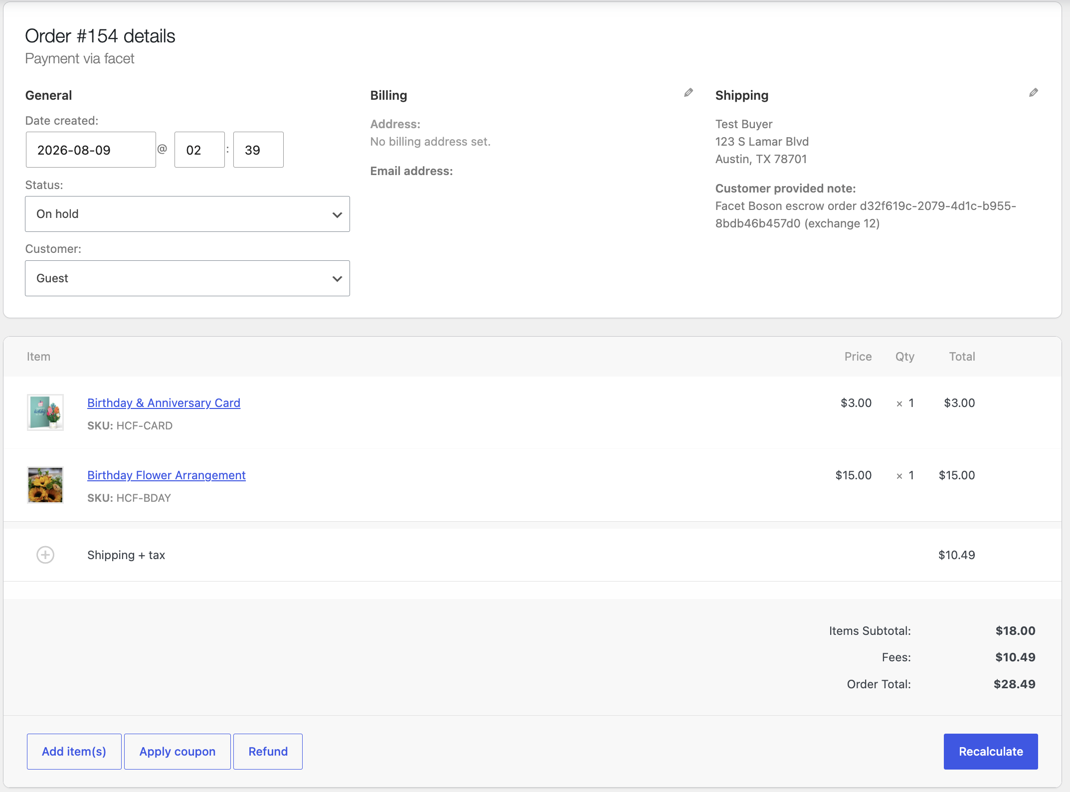 WooCommerce order 154, On hold, the cart and Boson escrow note for this exchange