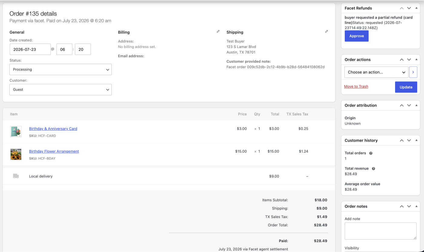 WooCommerce admin showing the agent's partial refund request on the card line, awaiting merchant approval