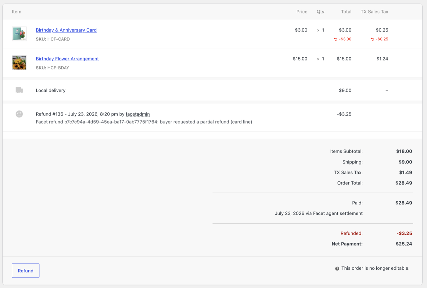 WooCommerce admin showing the card-line refund applied and settled