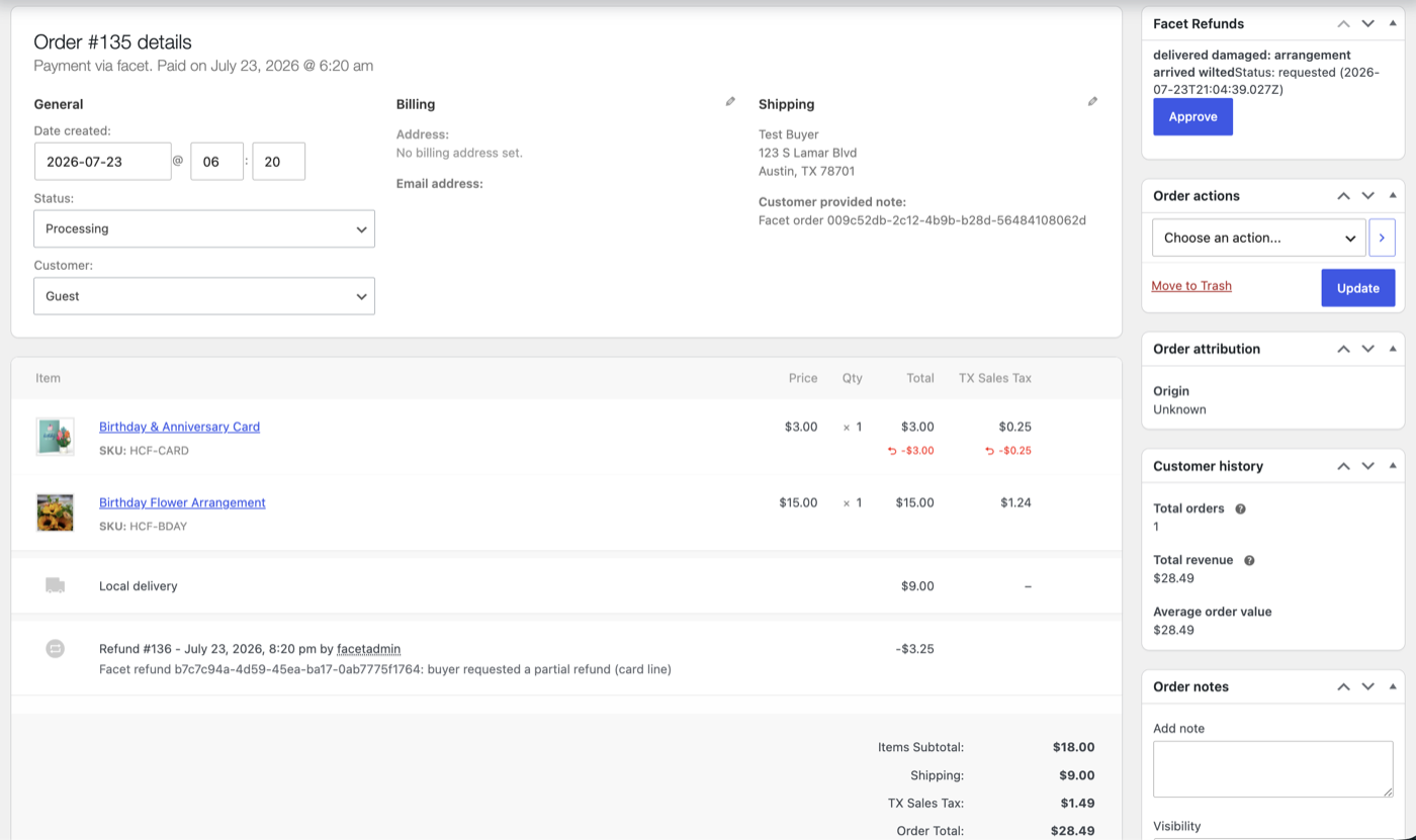 WooCommerce admin showing the post-delivery damaged-goods refund request, awaiting merchant approval