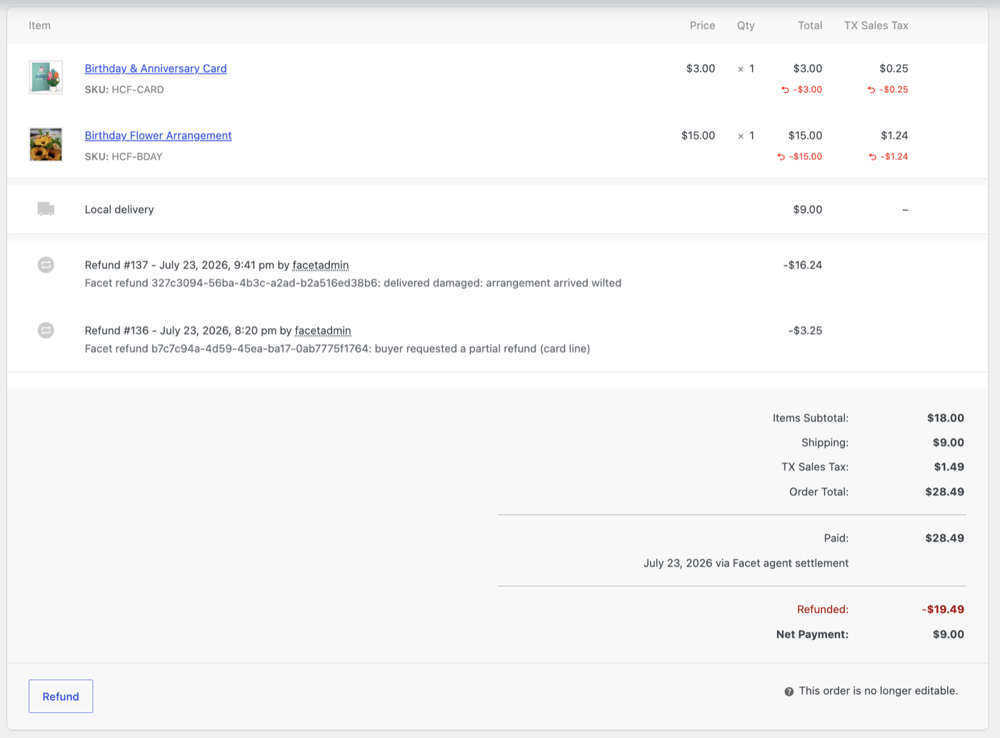 WooCommerce admin showing the damaged-goods refund applied and settled