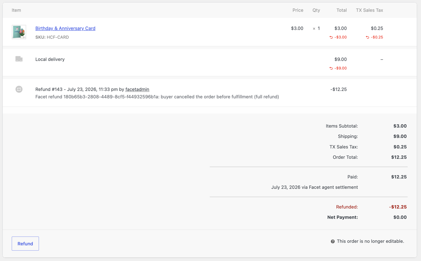 WooCommerce admin showing the full-order cancellation approved and the order total refunded