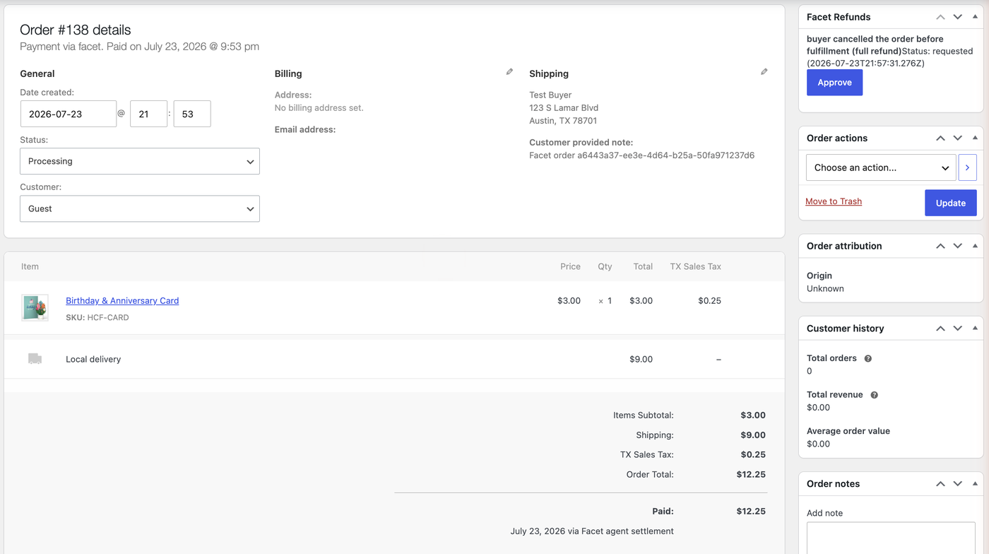 WooCommerce admin showing an agent-initiated full-order cancellation as a pending decision with an Approve button