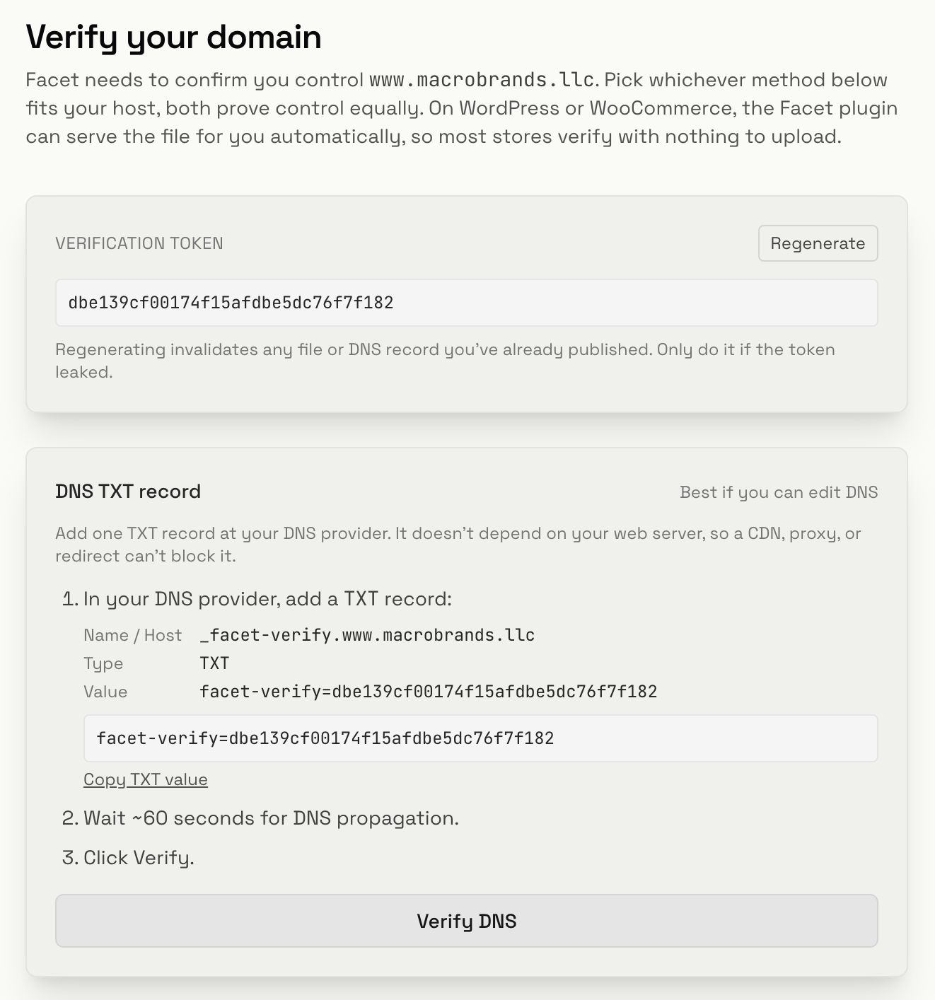 Verify your domain: verification token, DNS TXT record and well-known file methods