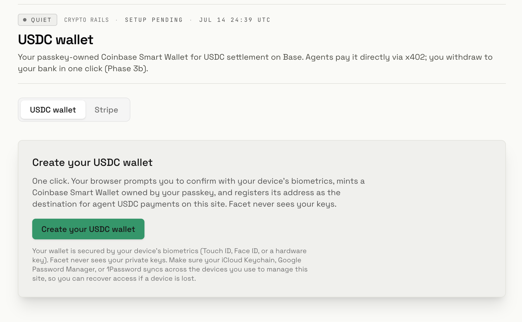 Create your USDC wallet, passkey-owned Coinbase Smart Wallet on Base