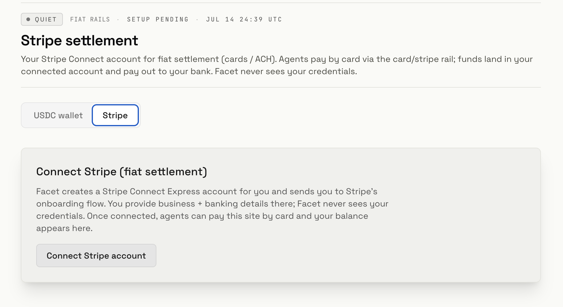 Connect Stripe for fiat settlement