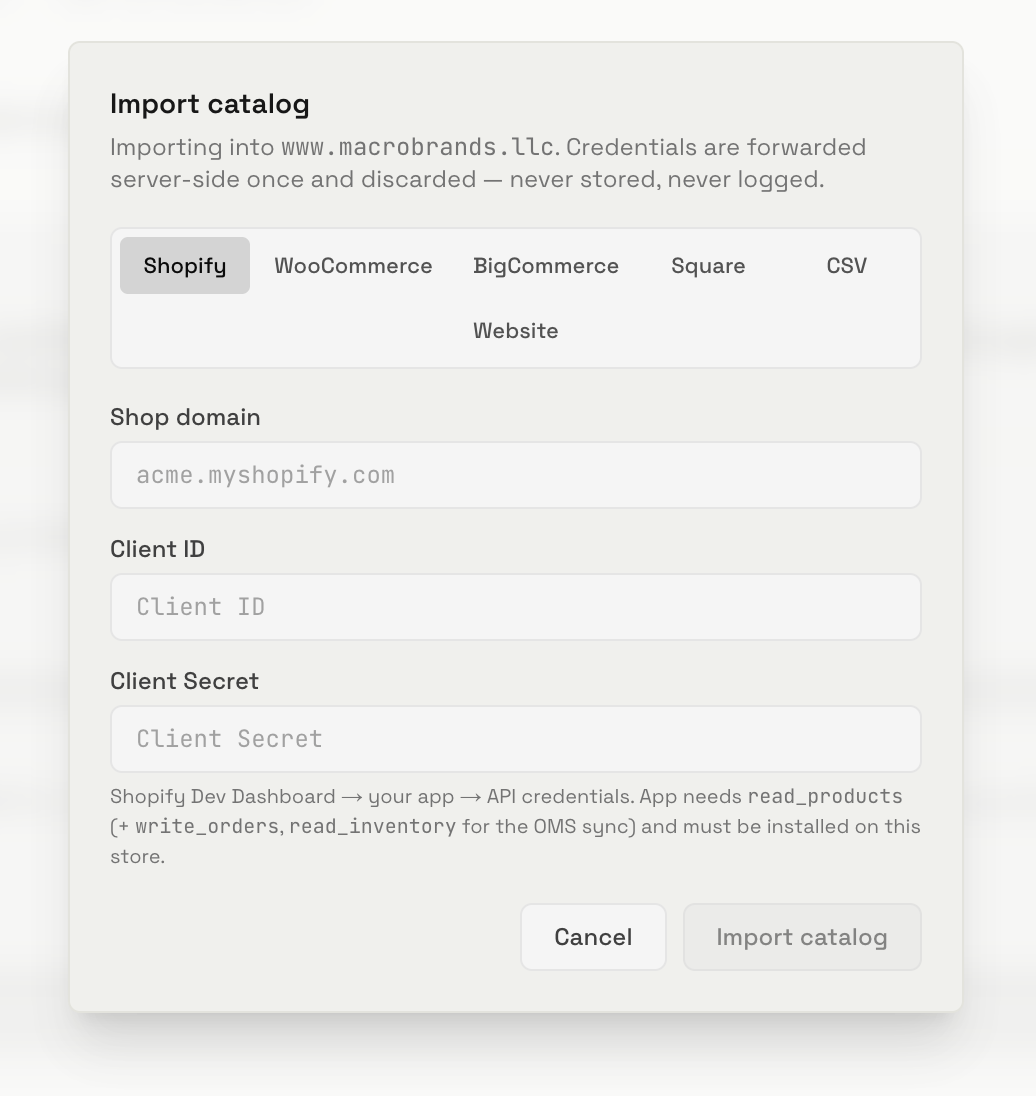 Import catalog from Shopify, WooCommerce, BigCommerce, Square, CSV, or website